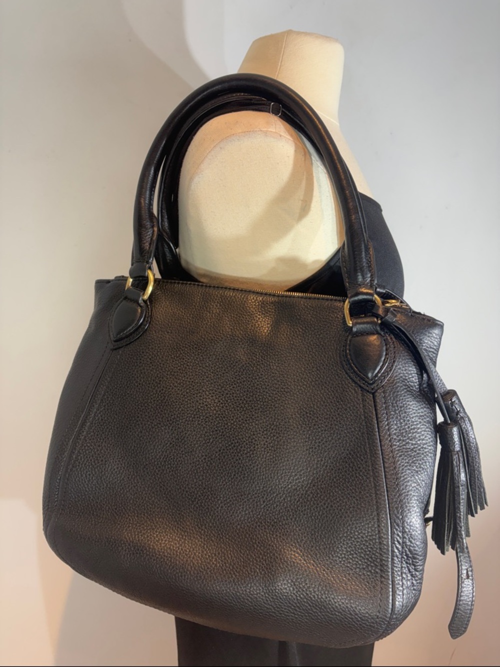 J.Crew Black Pebbled Leather Satchel Crossbody Tassel Brass Hardware